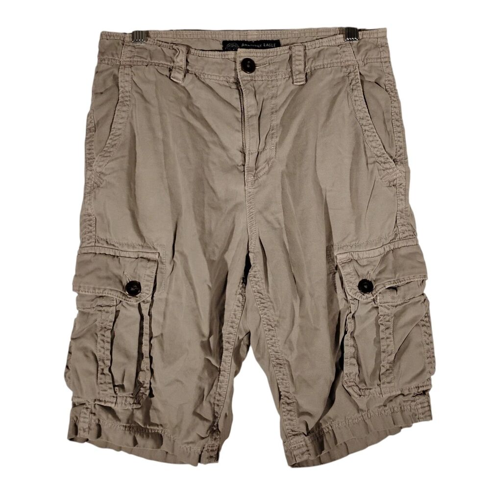 American Eagle vintage cargo shorts mens 30 beige longer length cotton Y2K